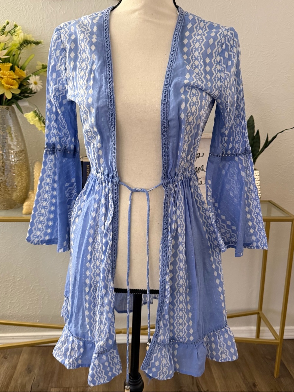 blue island Light Blue & White Boho Tie-Front Swim Coverup - Picture 2 of 6
